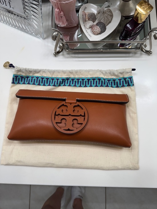 Tory Burch Handbags - Tory Burch Cognac Leather Fold-Over Clutch with Signature Logo